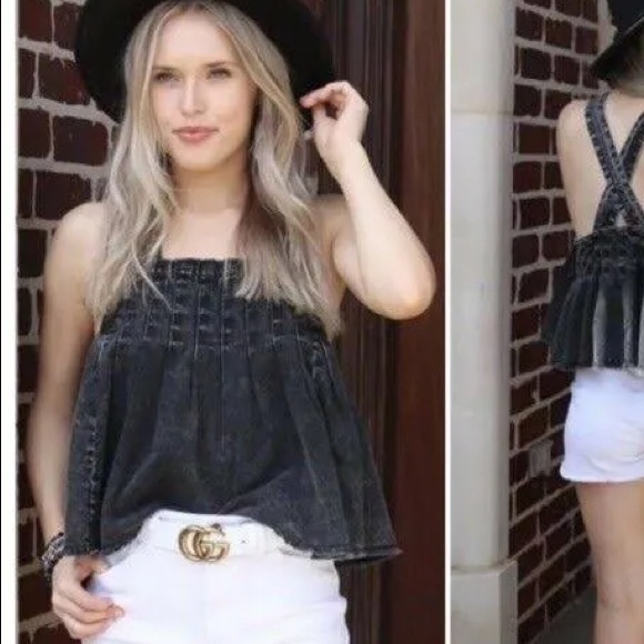 Free People black denim pleated baby doll festival tank - Picture 3 of 5
